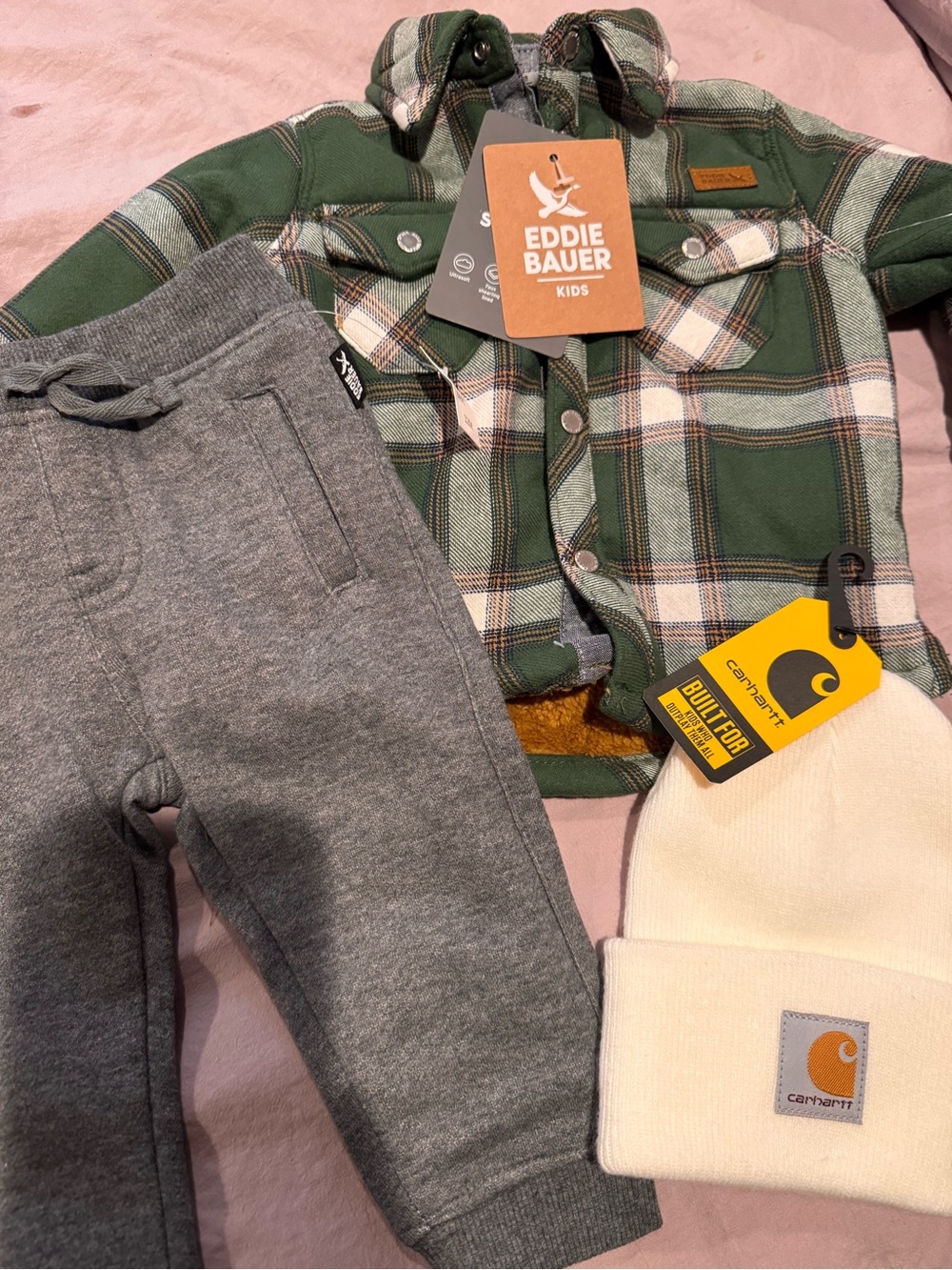 Eddie Bauer Kids Green Plaid Jacket with Gray Joggers & Cream Beanie